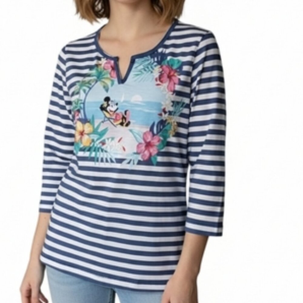 Tommy Bahama for Disney Parks Minnie Mouse Shirt XL Blue White Stripes Vacation